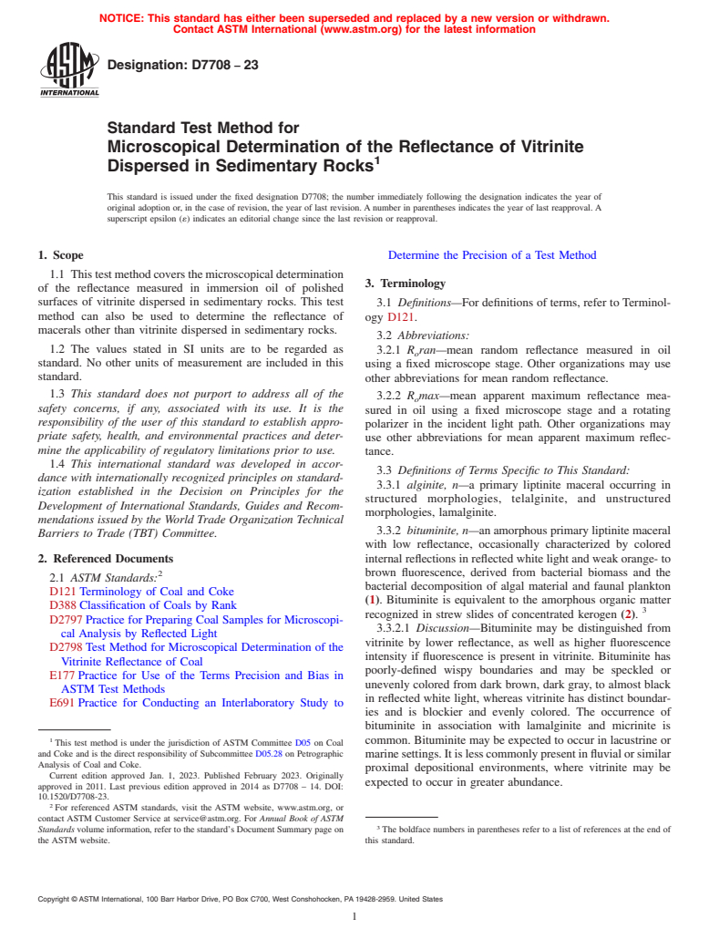 ASTM D7708-23 - Standard Test Method for  Microscopical Determination of the Reflectance of Vitrinite  Dispersed in Sedimentary Rocks