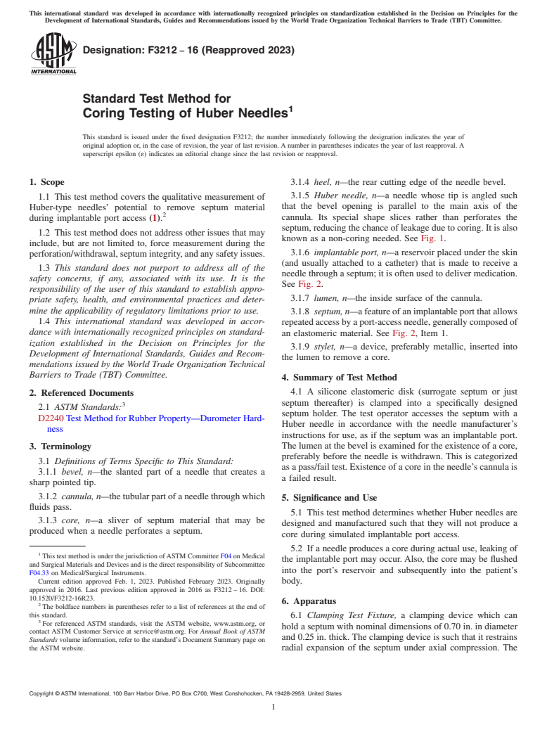 ASTM F3212-16(2023) - Standard Test Method for Coring Testing of Huber Needles