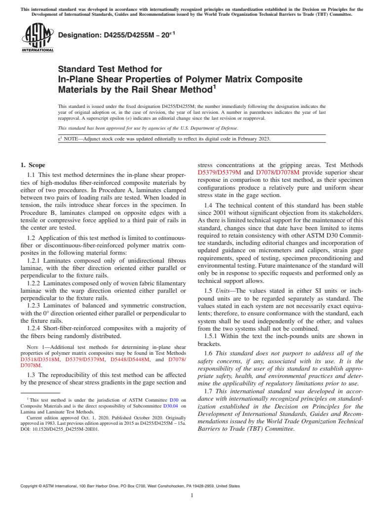 ASTM D4255/D4255M-20e1 - Standard Test Method for  In-Plane Shear Properties of Polymer Matrix Composite Materials  by the Rail Shear Method