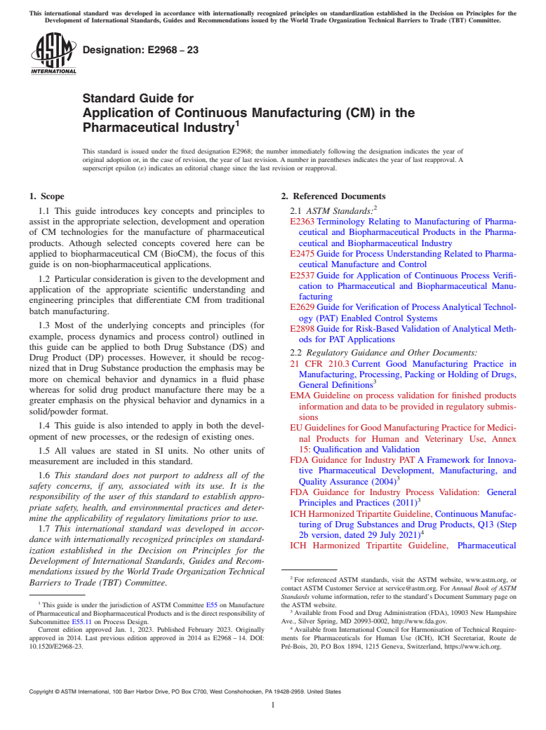 ASTM E2968-23 - Standard Guide for Application of Continuous Manufacturing (CM) in the Pharmaceutical  Industry
