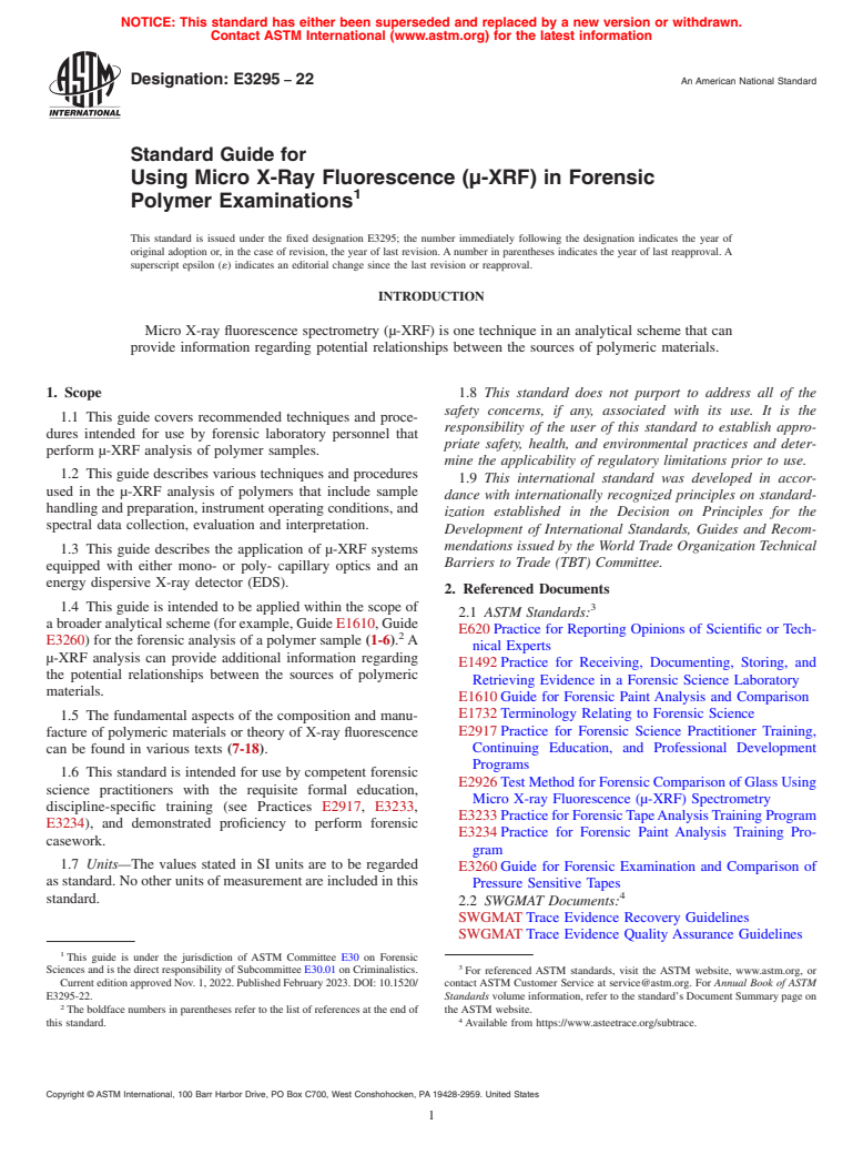 ASTM E3295-22 - Standard Guide for Using Micro X-Ray Fluorescence (μ-XRF) in Forensic Polymer  Examinations