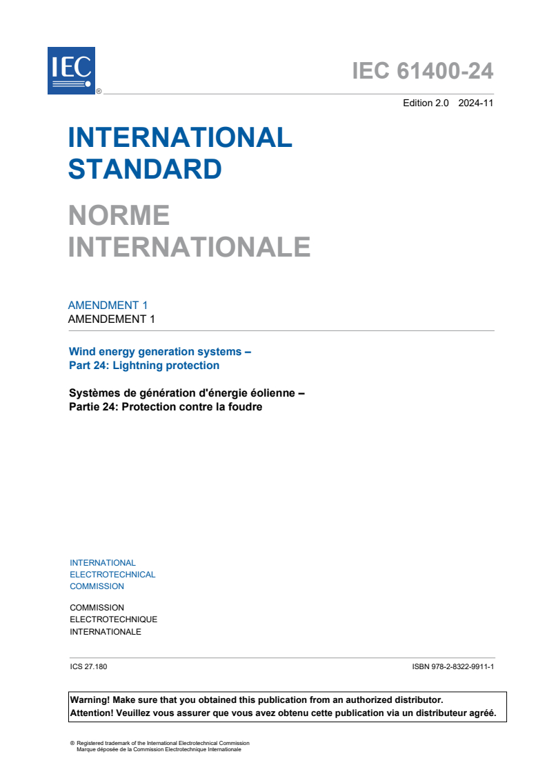 IEC 61400-24:2019/AMD1:2024 - Amendment 1 - Wind energy generation systems - Part 24: Lightning protection
Released:13. 11. 2024
Isbn:9782832299111