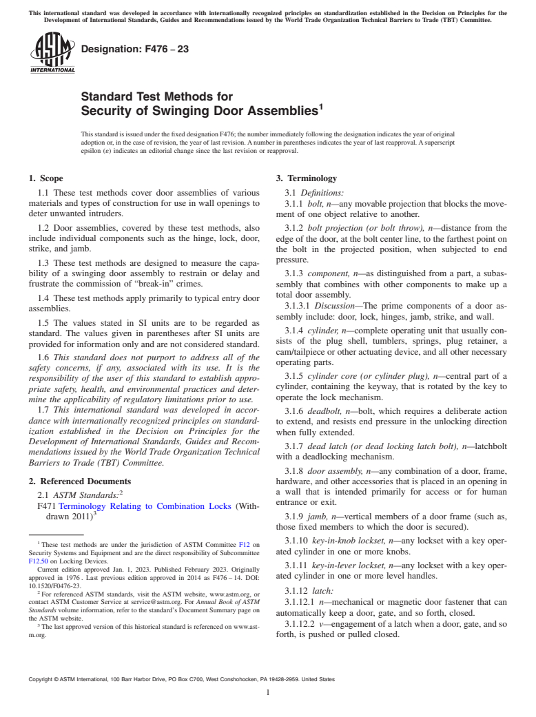 ASTM F476-23 - Standard Test Methods for  Security of Swinging Door Assemblies