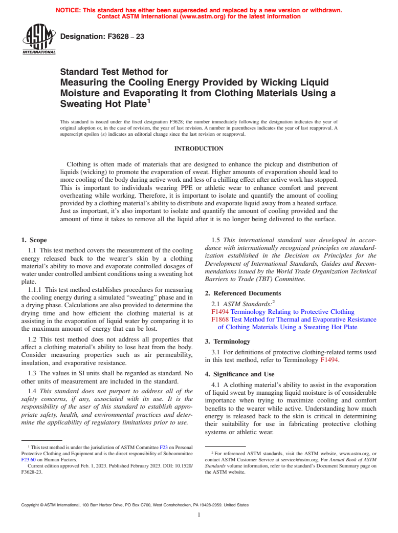ASTM F3628-23 - Standard Test Method for Measuring the Cooling Energy Provided by Wicking Liquid Moisture  and Evaporating It from Clothing Materials Using a Sweating Hot Plate