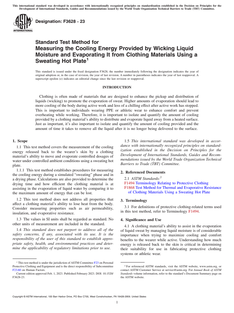 ASTM F3628-23 - Standard Test Method for Measuring the Cooling Energy Provided by Wicking Liquid Moisture  and Evaporating It from Clothing Materials Using a Sweating Hot Plate