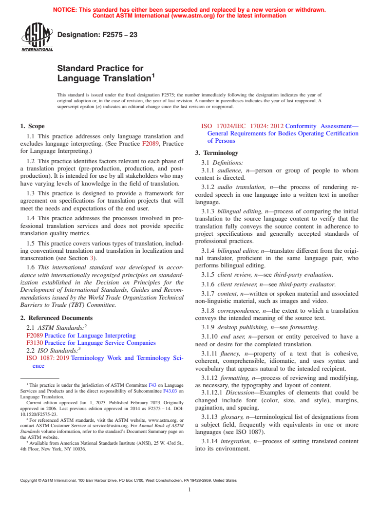 ASTM F2575-23 - Standard Practice for  Language Translation