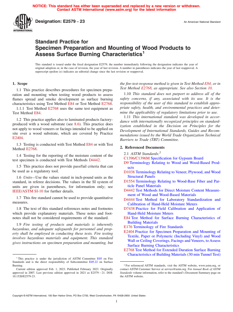 ASTM E2579-23 - Standard Practice for  Specimen Preparation and Mounting of Wood Products to Assess  Surface Burning Characteristics