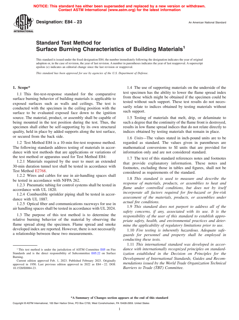 ASTM E84-23 - Standard Test Method for  Surface Burning Characteristics of Building Materials
