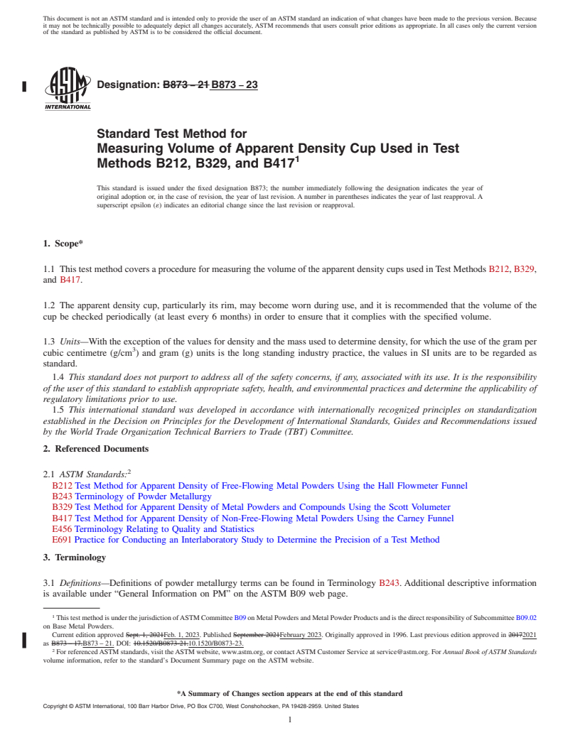 REDLINE ASTM B873-23 - Standard Test Method for  Measuring Volume of Apparent Density Cup Used in Test Methods  B212, B329, and B417