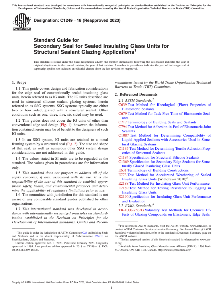 ASTM C1249-18(2023) - Standard Guide for  Secondary Seal for Sealed Insulating Glass Units for Structural Sealant Glazing Applications