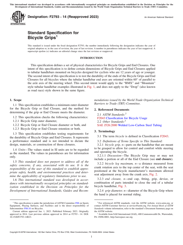 ASTM F2793-14(2023) - Standard Specification for Bicycle Grips