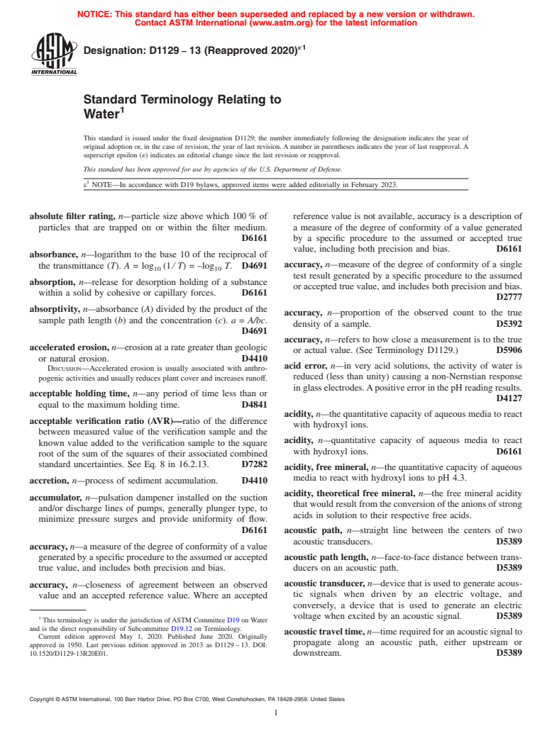 ASTM D1129-13(2020)e1 - Standard Terminology Relating to  Water