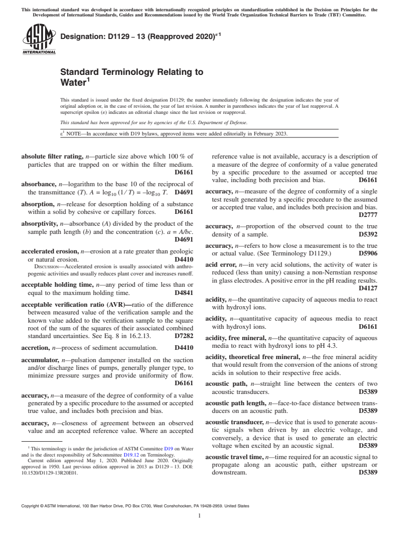 ASTM D1129-13(2020)e1 - Standard Terminology Relating to  Water