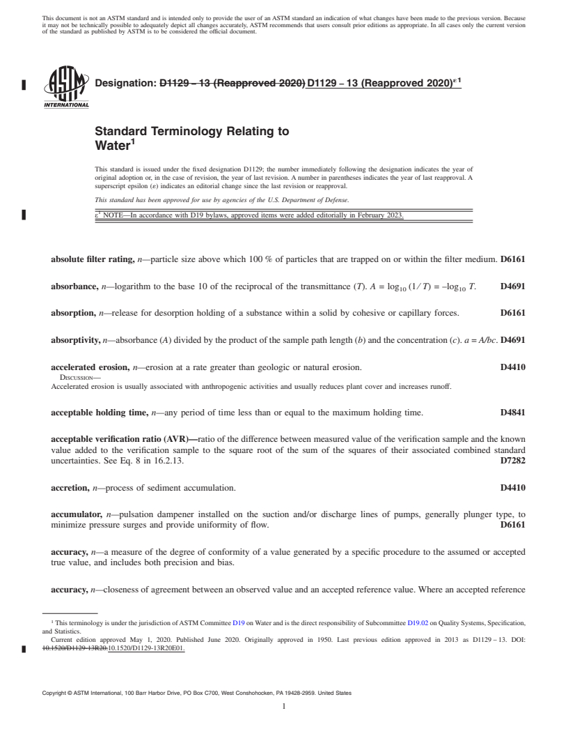 REDLINE ASTM D1129-13(2020)e1 - Standard Terminology Relating to  Water