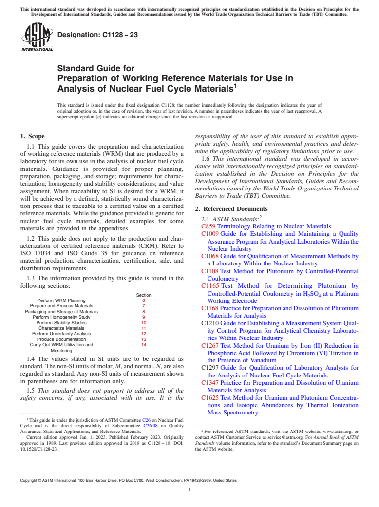 ASTM C1128-23 - Standard Guide for  Preparation of Working Reference Materials for Use in Analysis  of Nuclear Fuel Cycle Materials