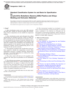 ASTM D4673-23 ASTM D4673-23 - Standard Classification System for and Basis for Specification for Acrylonitrile–Butadiene–Styrene (ABS) Plastics and Alloys Molding and Extrusion Materials - Page 1 preview