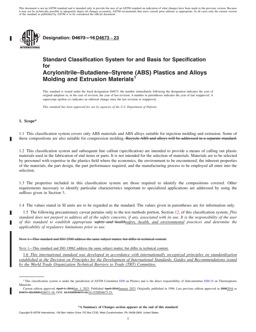 REDLINE ASTM D4673-23 - Standard Classification System for and Basis for Specification for Acrylonitrile–Butadiene–Styrene (ABS) Plastics  and Alloys Molding and Extrusion Materials