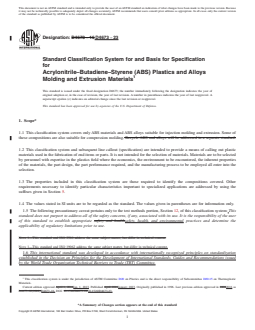 ASTM D4673-23 REDLINE ASTM D4673-23 - Standard Classification System for and Basis for Specification for Acrylonitrile–Butadiene–Styrene (ABS) Plastics and Alloys Molding and Extrusion Materials - Page 1 preview