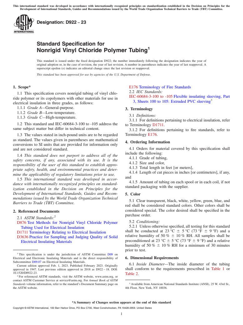 ASTM D922-23 - Standard Specification for  Nonrigid Vinyl Chloride Polymer Tubing