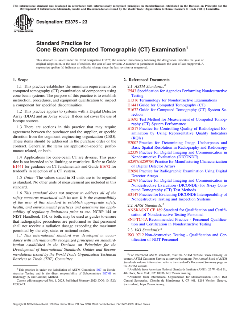 ASTM E3375-23 - Standard Practice for Cone Beam Computed Tomographic (CT) Examination