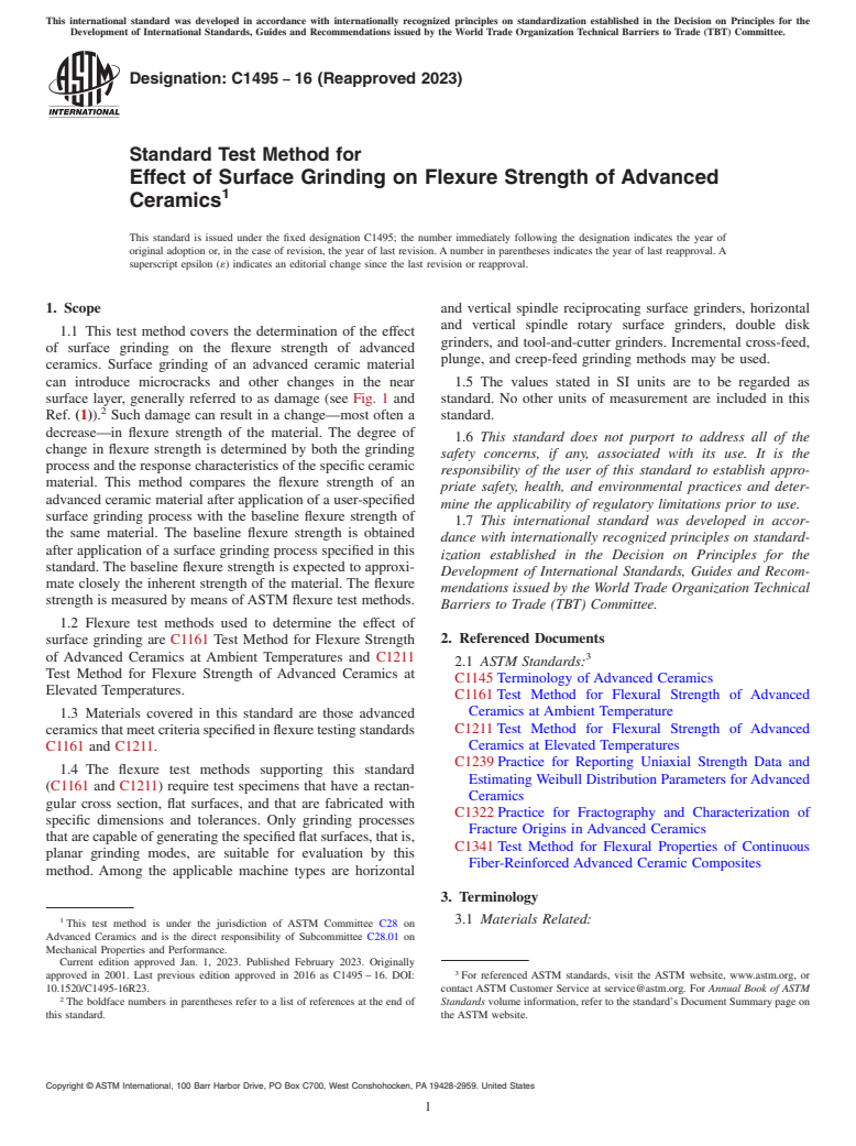 ASTM C1495-16(2023) - Standard Test Method for Effect of Surface Grinding on Flexure Strength of Advanced  Ceramics