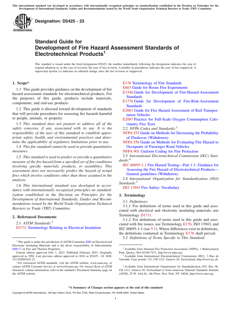 ASTM D5425-23 - Standard Guide for  Development of Fire Hazard Assessment Standards of Electrotechnical  Products
