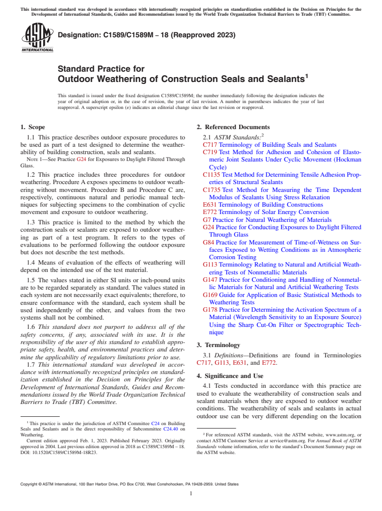 ASTM C1589/C1589M-18(2023) - Standard Practice for Outdoor Weathering of Construction Seals and Sealants