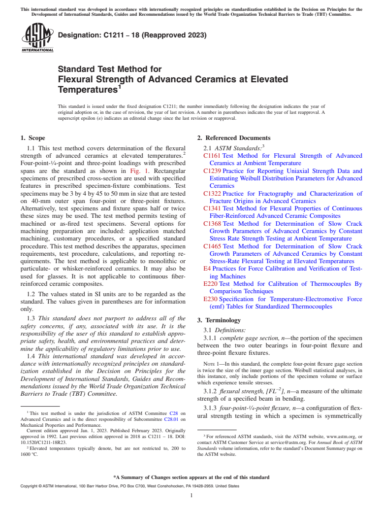 ASTM C1211-18(2023) - Standard Test Method for Flexural Strength of Advanced Ceramics at Elevated Temperatures