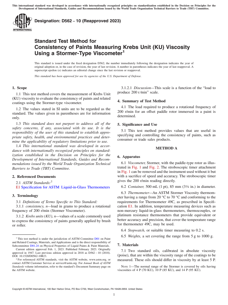 ASTM D562-10(2023) - Standard Test Method for Consistency of Paints Measuring Krebs Unit (KU) Viscosity Using   a Stormer-Type  Viscometer