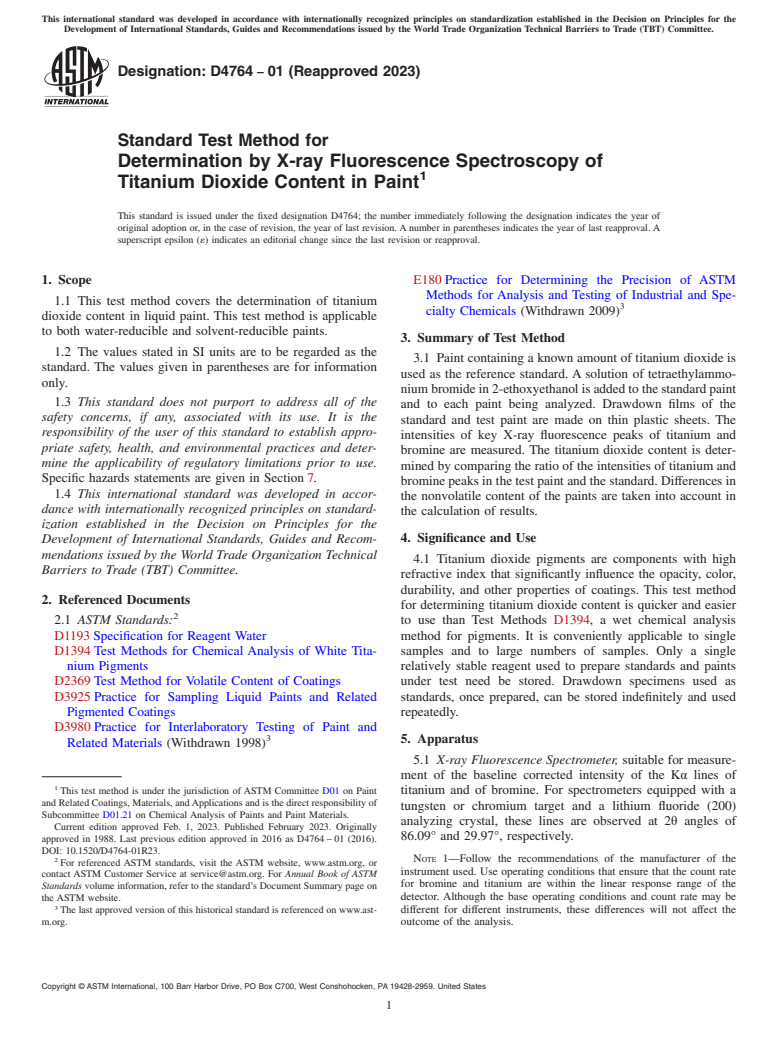 ASTM D4764-01(2023) - Standard Test Method for Determination by X-ray Fluorescence Spectroscopy of Titanium   Dioxide Content in Paint