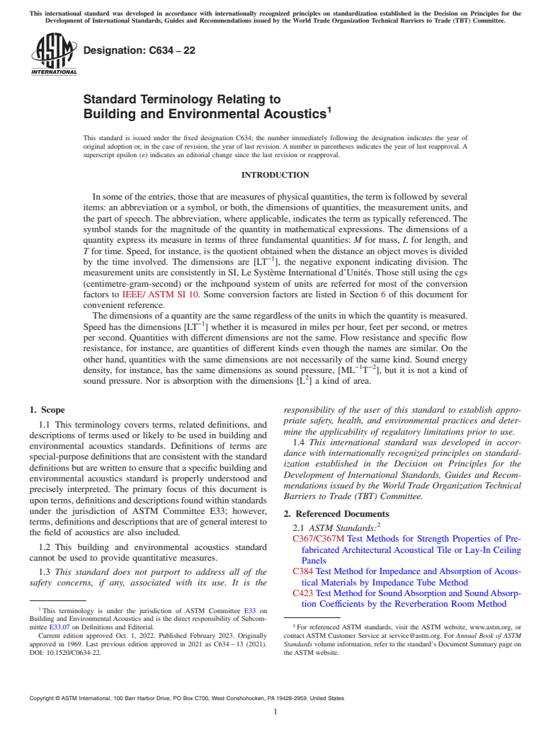 ASTM C634-22 - Standard Terminology Relating to Building and Environmental Acoustics