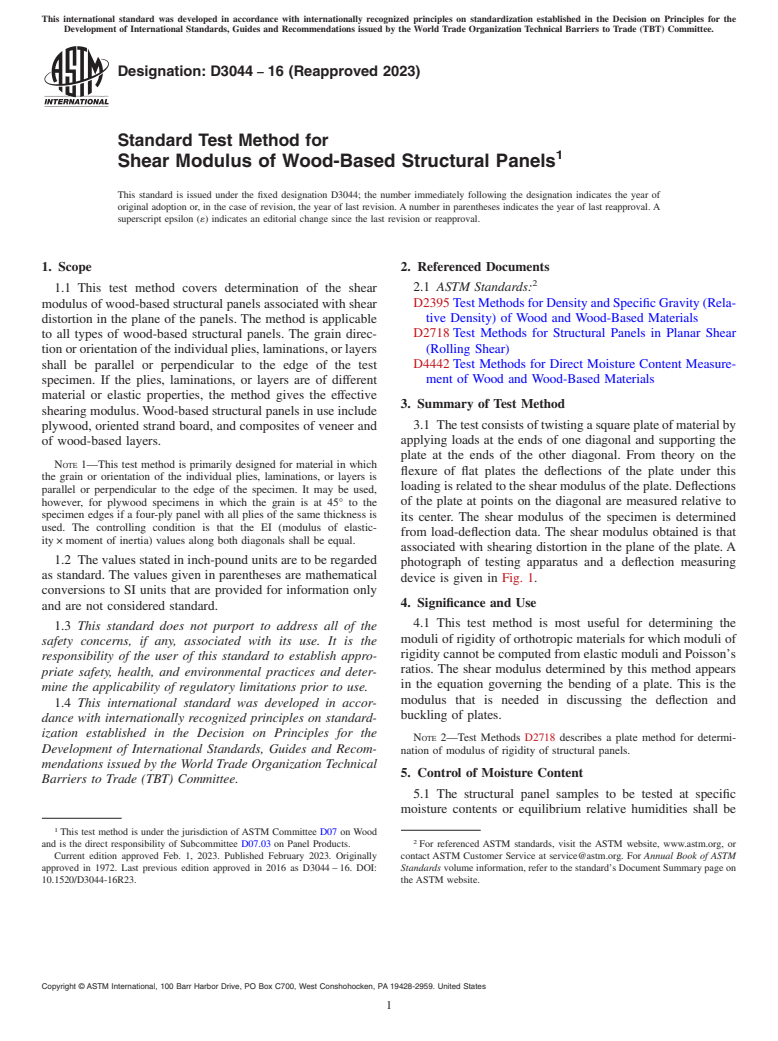 ASTM D3044-16(2023) - Standard Test Method for  Shear Modulus of Wood-Based Structural Panels