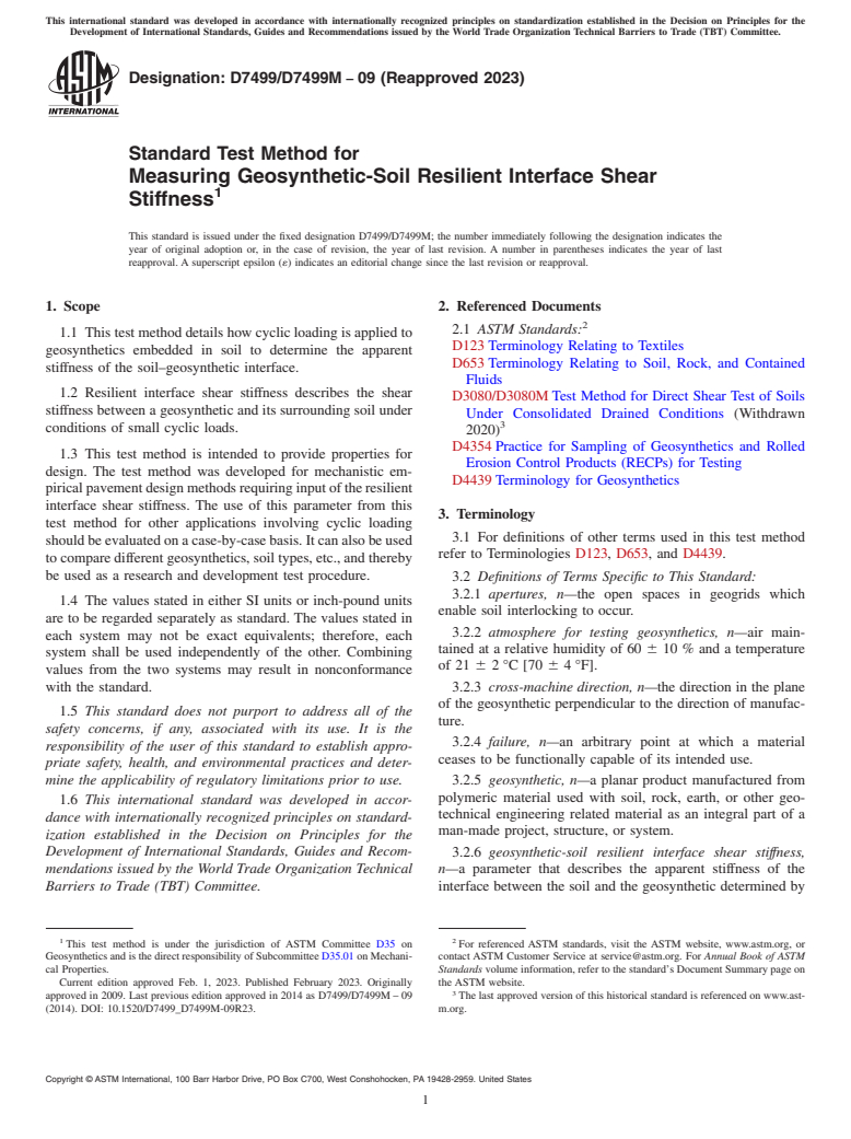 ASTM D7499/D7499M-09(2023) - Standard Test Method for Measuring Geosynthetic-Soil Resilient Interface Shear Stiffness