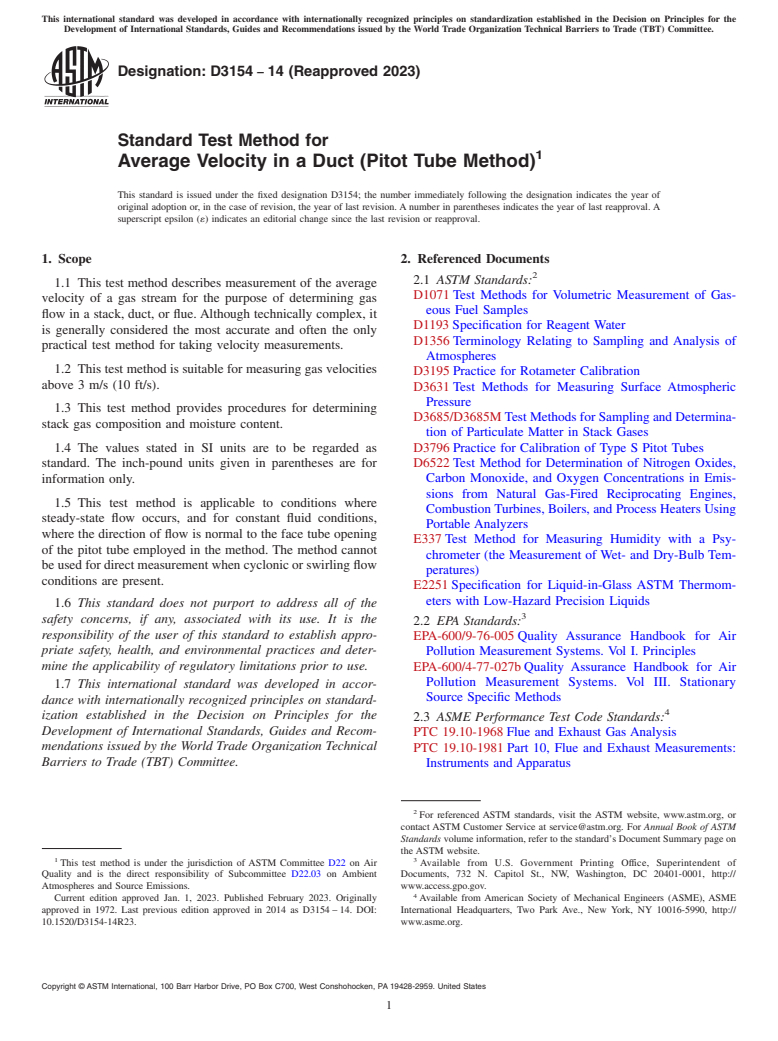 ASTM D3154-14(2023) - Standard Test Method for  Average Velocity in a Duct (Pitot Tube Method)