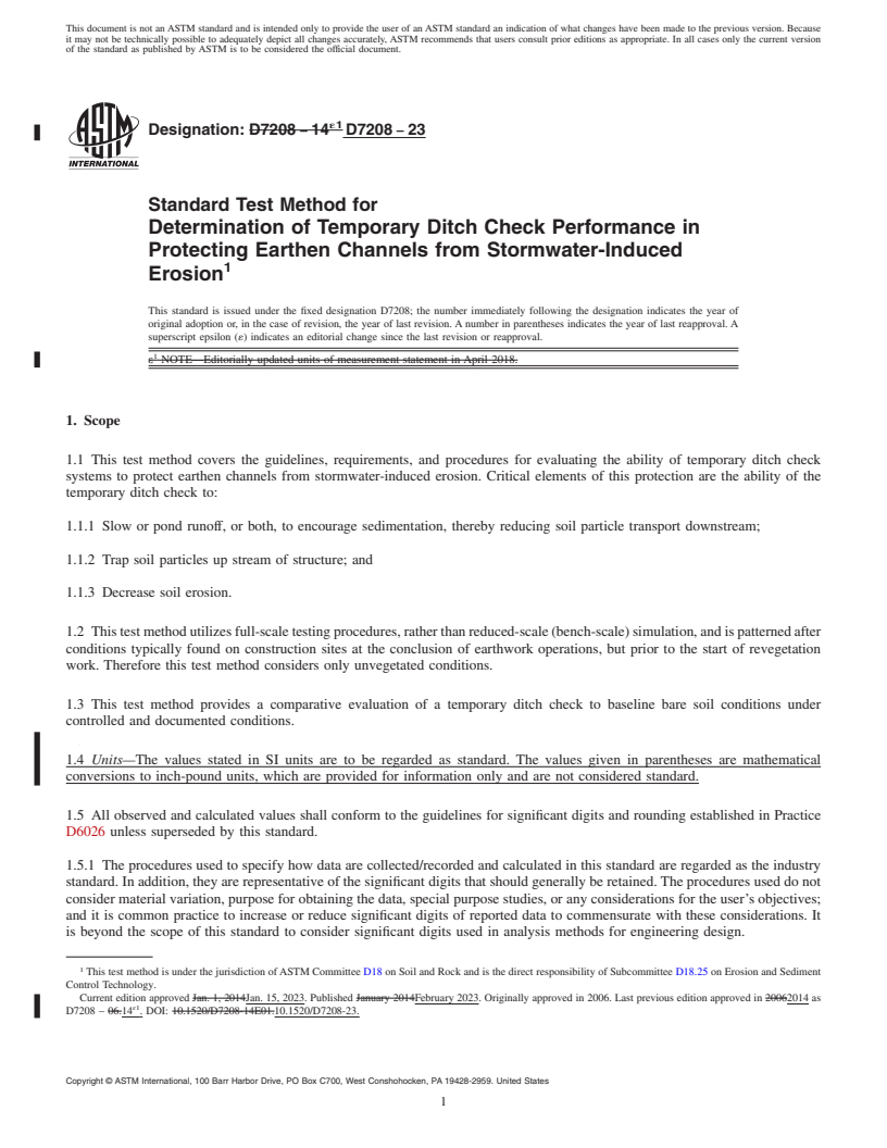 REDLINE ASTM D7208-23 - Standard Test Method for  Determination of Temporary Ditch Check Performance in Protecting  Earthen Channels from Stormwater-Induced Erosion