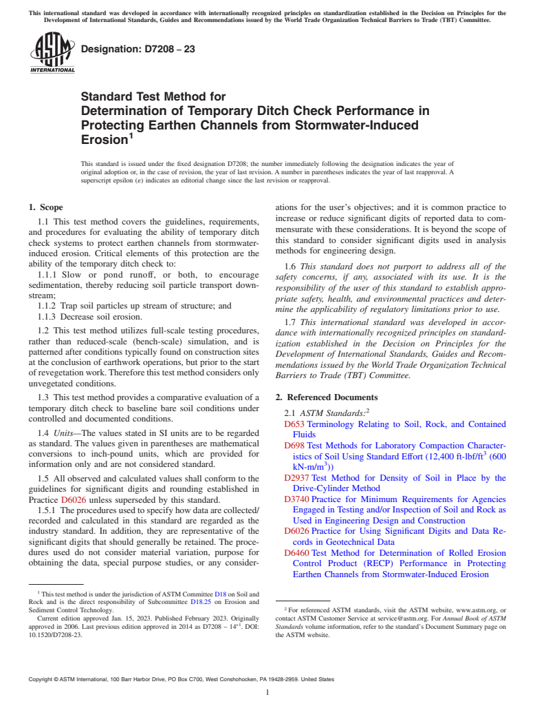 ASTM D7208-23 - Standard Test Method for  Determination of Temporary Ditch Check Performance in Protecting  Earthen Channels from Stormwater-Induced Erosion