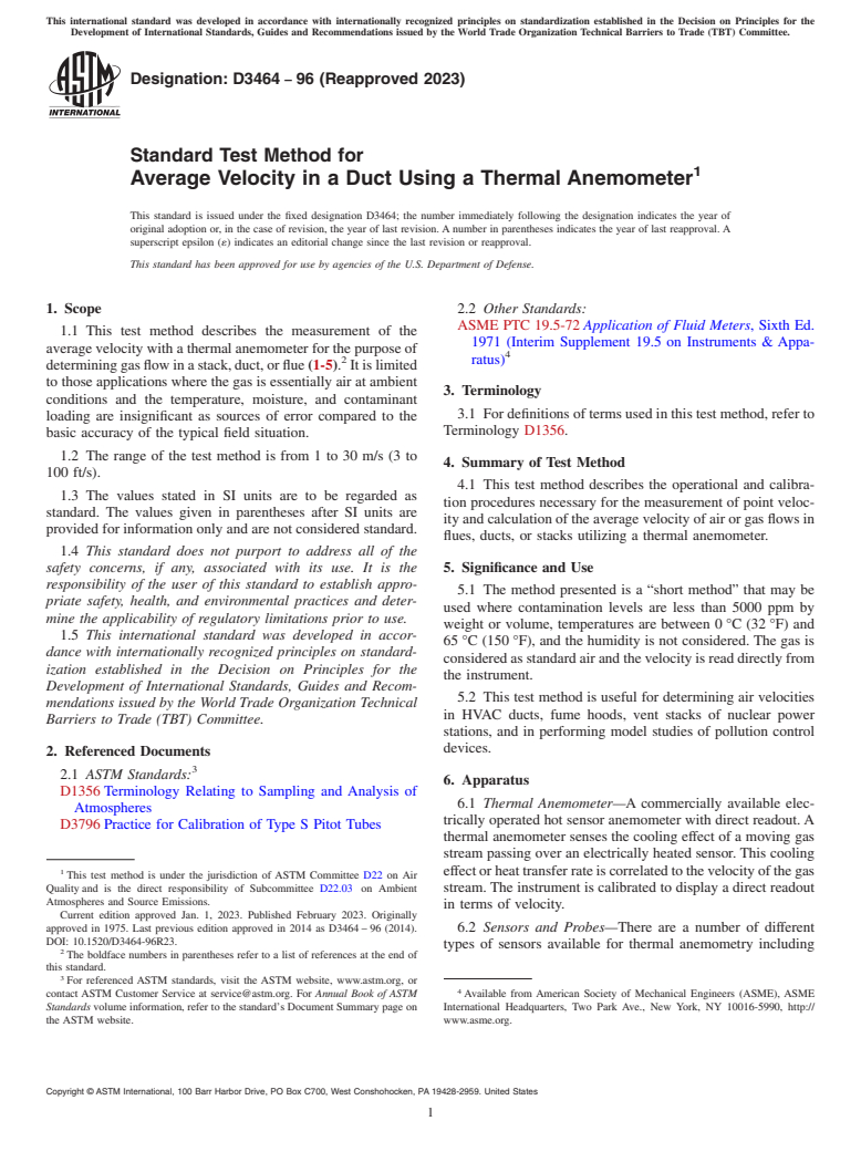 ASTM D3464-96(2023) - Standard Test Method for  Average Velocity in a Duct Using a Thermal Anemometer