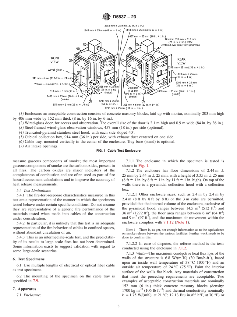 ASTM D5537-23 - Standard Test Method for  Heat Release, Flame Spread, Smoke Obscuration, and Mass Loss  Testing of Insulating Materials Contained in Electrical or Optical  Fiber Cables When Burning in a Vertical Cable Tray Configuration