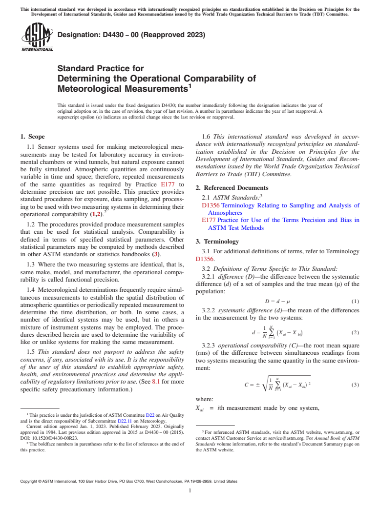 ASTM D4430-00(2023) - Standard Practice for  Determining the Operational Comparability of Meteorological  Measurements