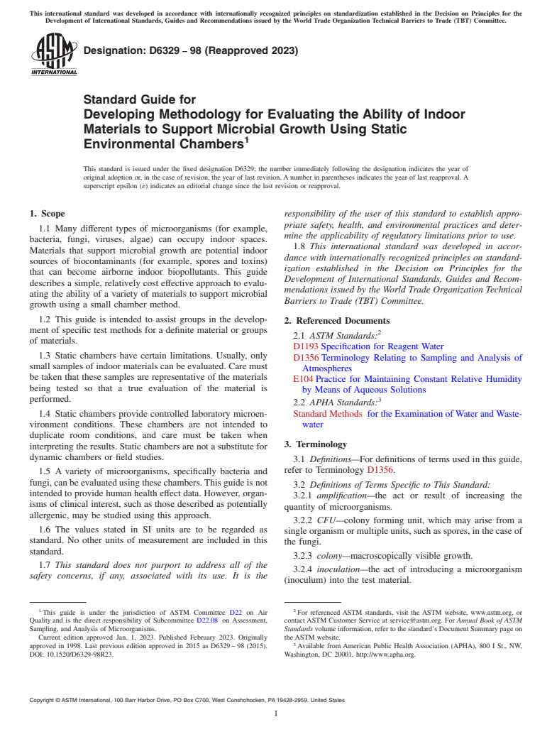 ASTM D6329-98(2023) - Standard Guide for Developing Methodology for Evaluating the Ability of Indoor  Materials to Support Microbial Growth Using Static Environmental Chambers