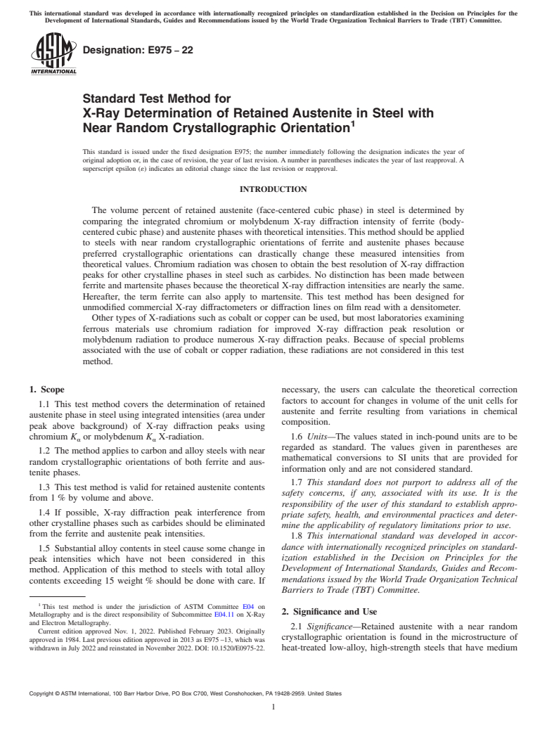 ASTM E975-22 - Standard Test Method for  X-Ray Determination of Retained Austenite in Steel with Near  Random Crystallographic Orientation