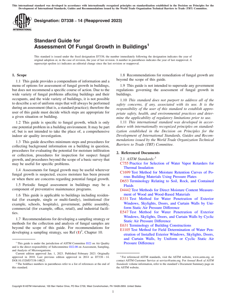 ASTM D7338-14(2023) - Standard Guide for  Assessment Of Fungal Growth in Buildings