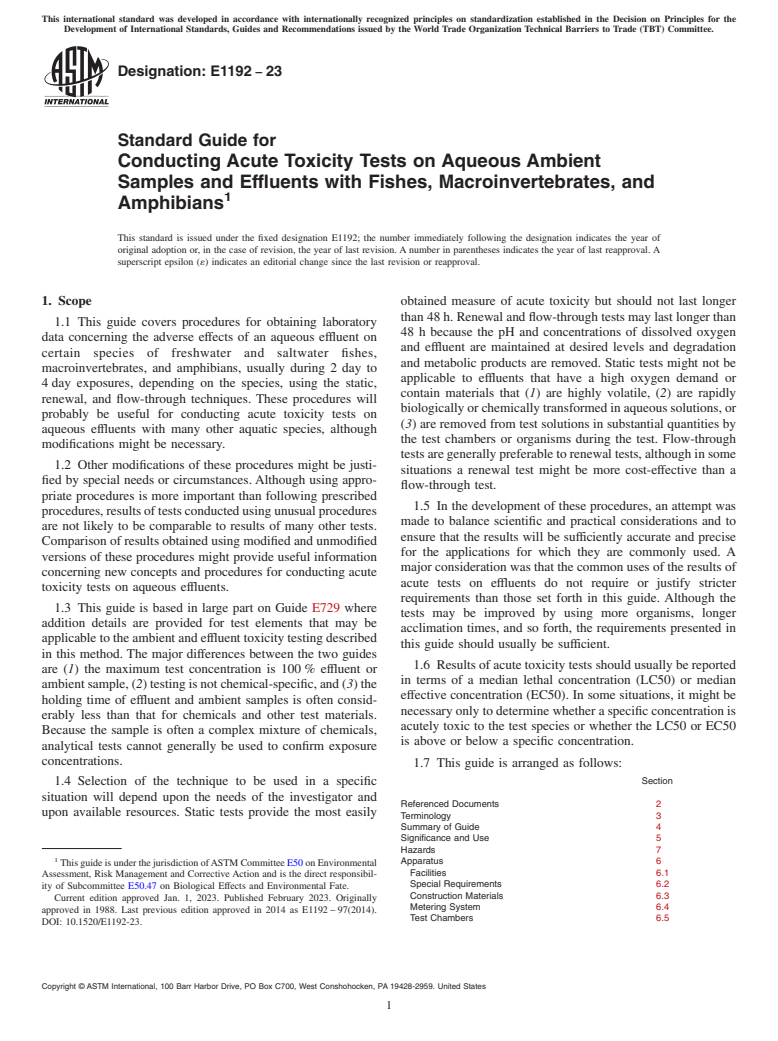 ASTM E1192-23 - Standard Guide for  Conducting Acute Toxicity Tests on Aqueous Ambient Samples  and Effluents with Fishes, Macroinvertebrates, and Amphibians
