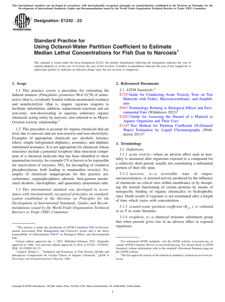 ASTM E1242-23 - Standard Practice for  Using Octanol-Water Partition Coefficient to Estimate Median  Lethal Concentrations for Fish Due to Narcosis