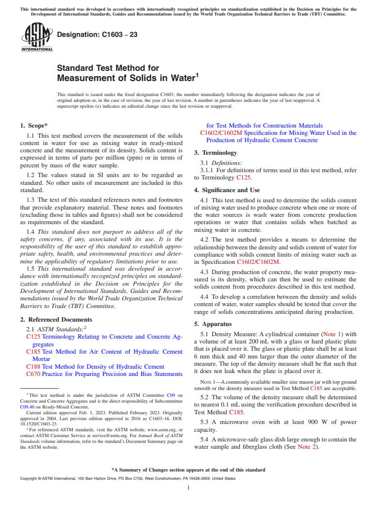 ASTM C1603-23 - Standard Test Method for  Measurement of Solids in Water