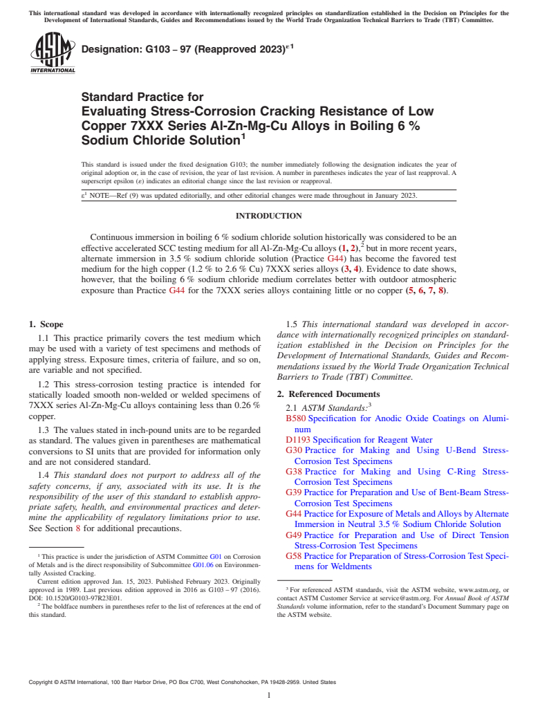 ASTM G103-97(2023)e1 - Standard Practice for Evaluating Stress-Corrosion Cracking Resistance of Low Copper  7XXX Series Al-Zn-Mg-Cu Alloys in Boiling 6 % Sodium Chloride  Solution