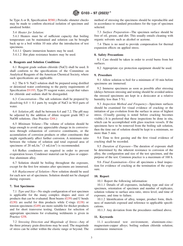 ASTM G103-97(2023)e1 - Standard Practice for Evaluating Stress-Corrosion Cracking Resistance of Low Copper  7XXX Series Al-Zn-Mg-Cu Alloys in Boiling 6 % Sodium Chloride  Solution