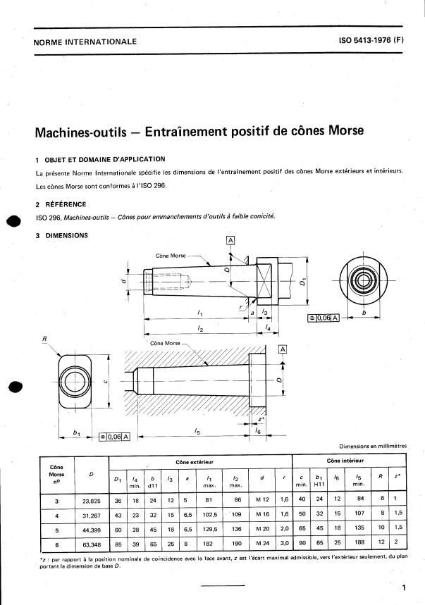 ISO 5413:1976 - Machines-outils -- Entraînement positif de cônes Morse