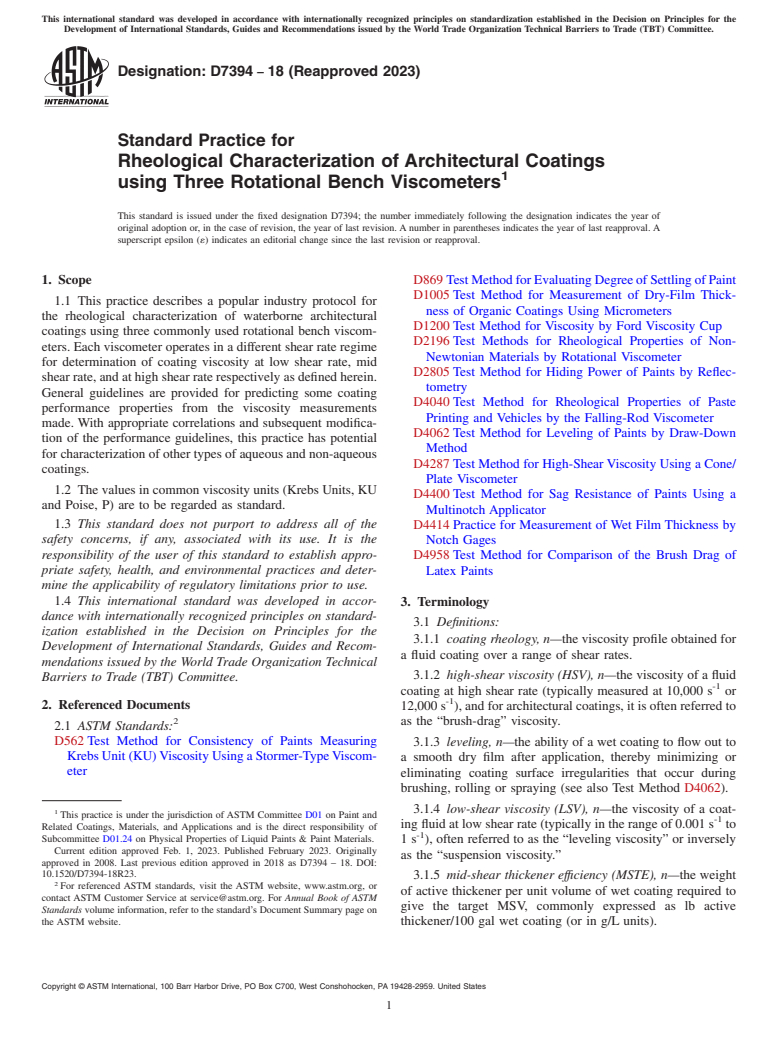 ASTM D7394-18(2023) - Standard Practice for Rheological Characterization of Architectural Coatings using  Three   Rotational Bench Viscometers