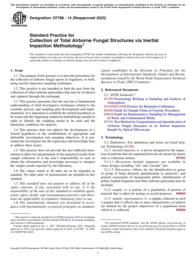 ASTM D7788-14(2023) - Standard Practice for Collection of Total Airborne Fungal Structures via Inertial  Impaction Methodology
